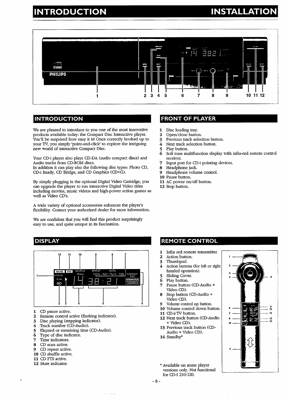 Front of player, Display, Remote control | Introduction installation, Introduction front of player, Display remote control | Philips CDI220/80P User Manual | Page 8 / 24