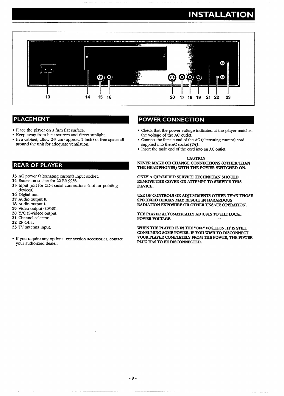 Power connection, Rear of player, Caunon | Installation, Placement power connection | Philips CDI220/80P User Manual | Page 9 / 24