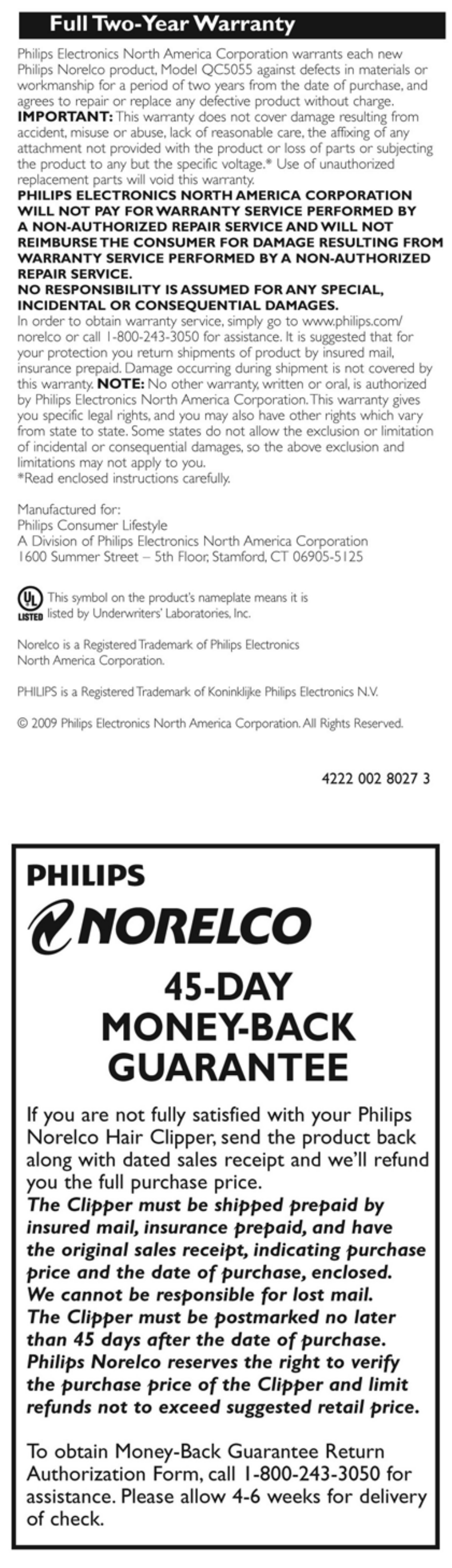 Norelco, Day money-back guarantee, Philips | Philips QC5055 User Manual | Page 10 / 10