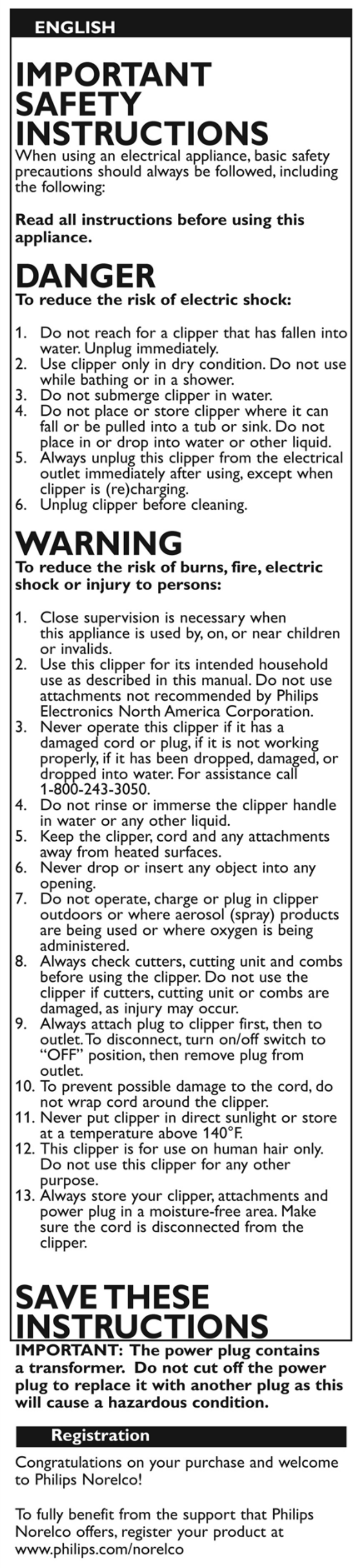 English, Read all instructions before using this appliance, Registration | Important safety instructions, Danger, Warning, Savethese instructions | Philips QC5055 User Manual | Page 2 / 10
