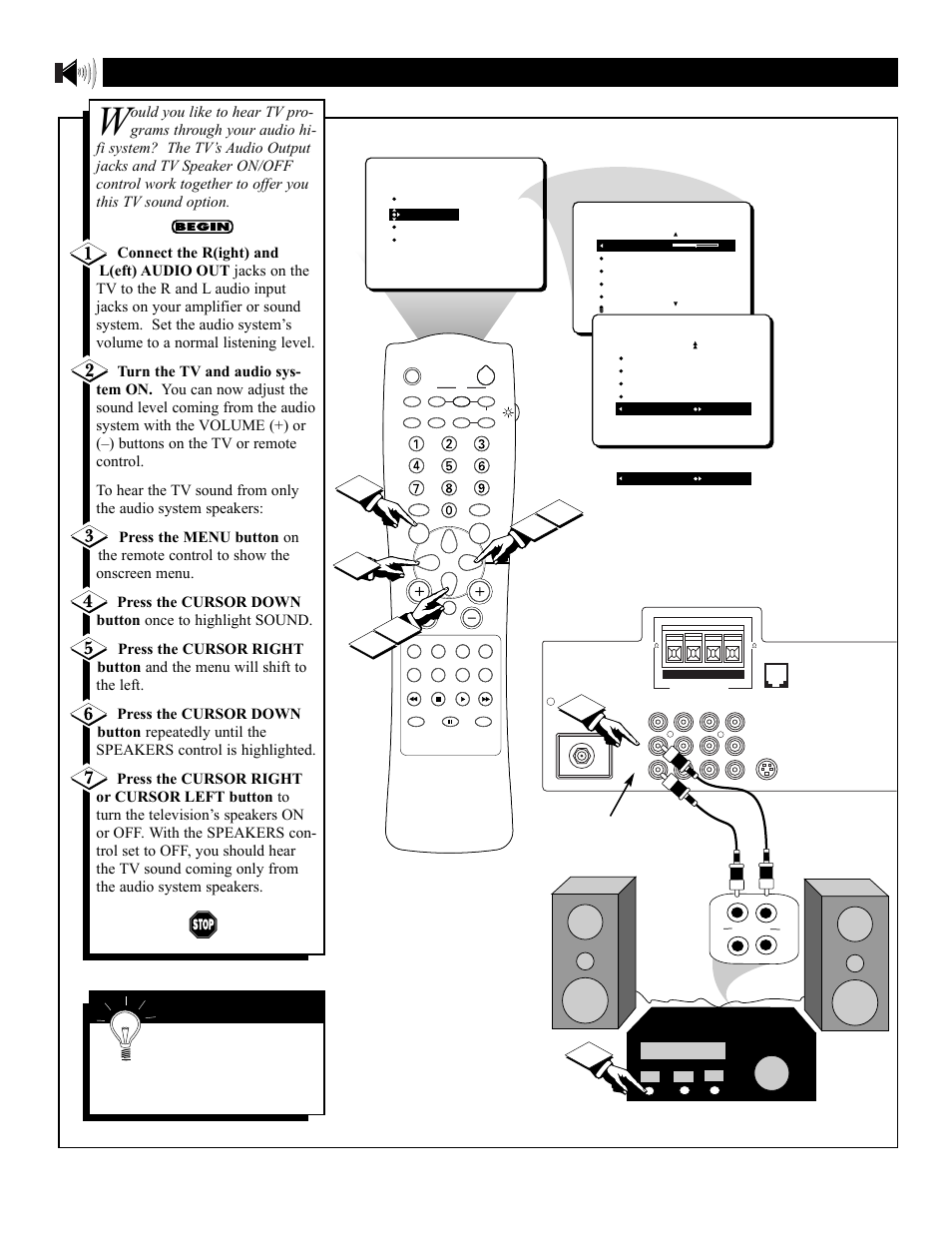 Tv s, Ound, Sing the | Peaker, Ontrol and, Udio, Utput, Acks | Philips 3121 235 20301 User Manual | Page 34 / 52