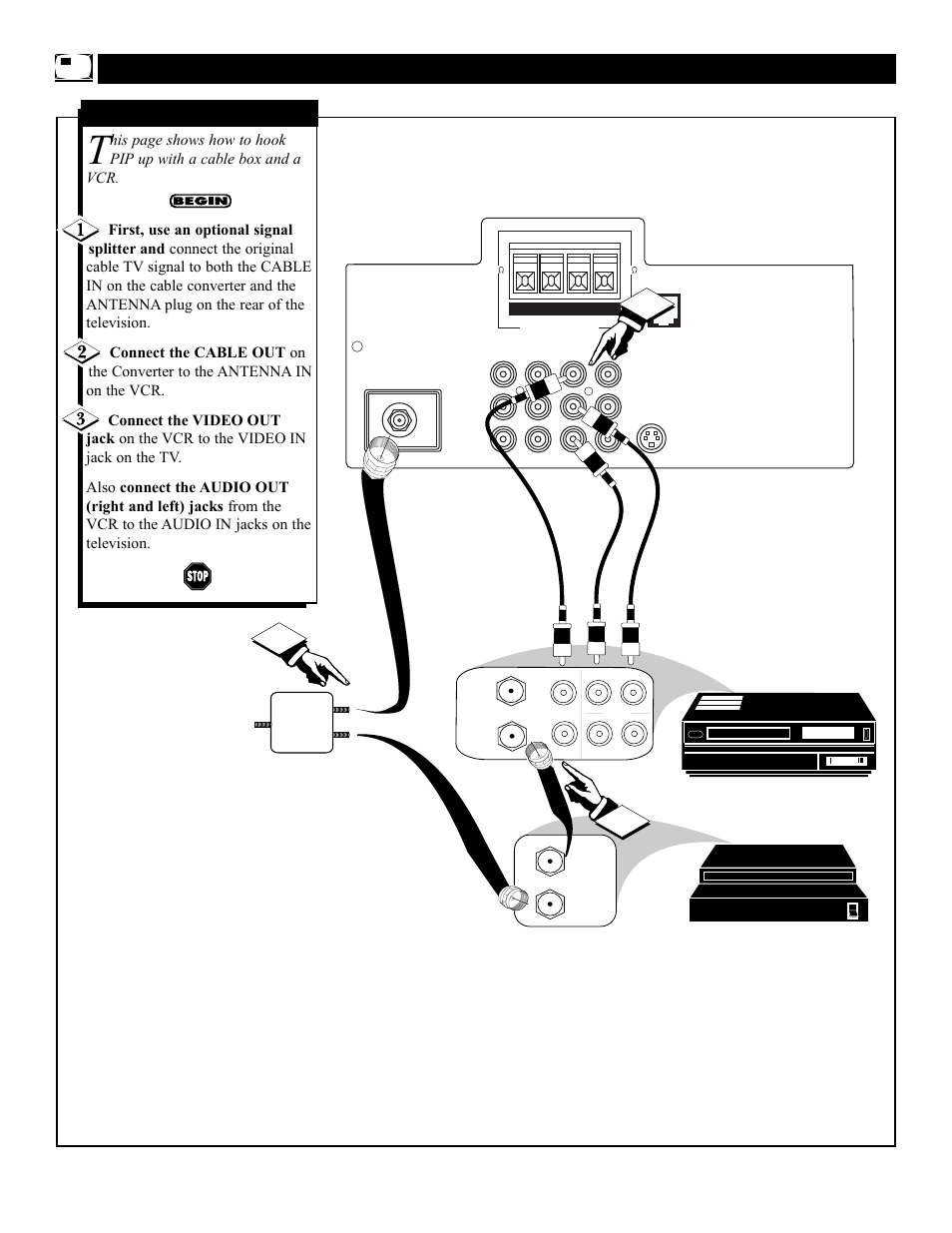 Pip – m, Onnections, Cable box and vcr connections | Philips 3121 235 20301 User Manual | Page 46 / 52