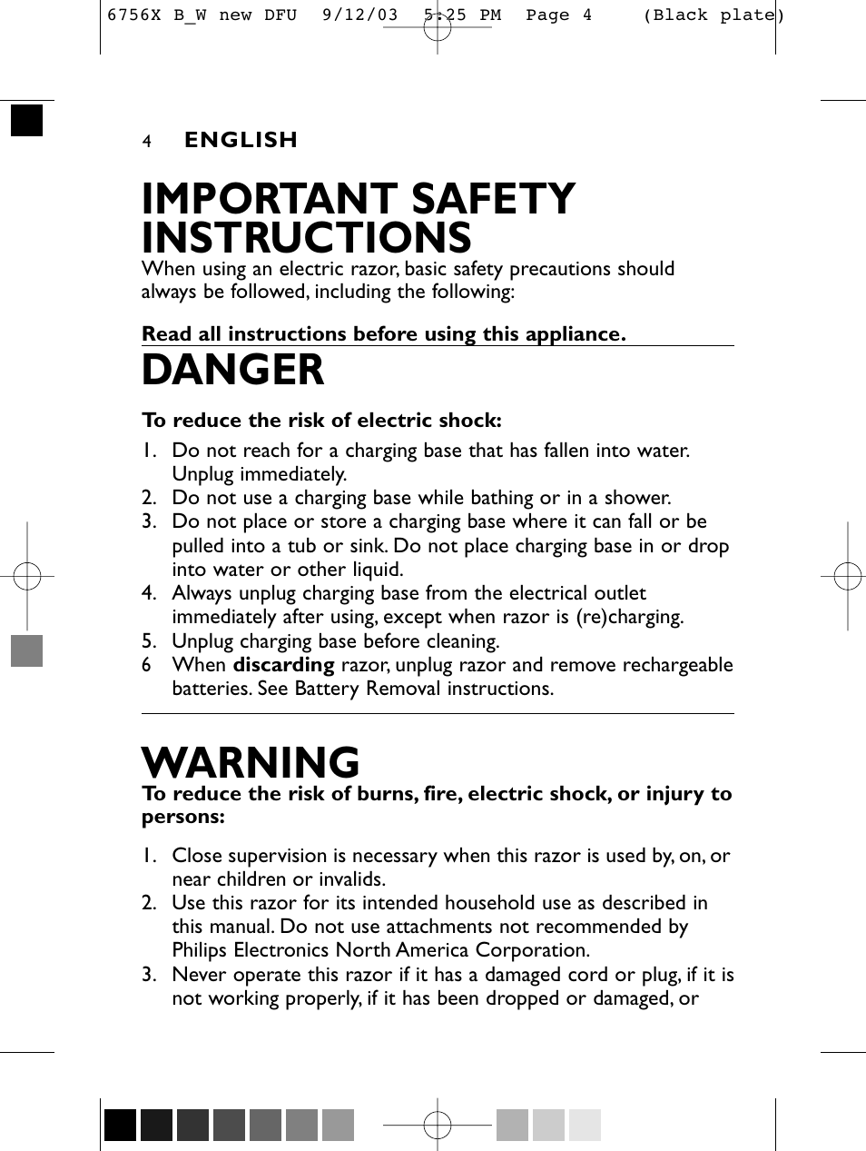Important safety instructions, Danger, Warning | Philips 6756 X User Manual | Page 3 / 43