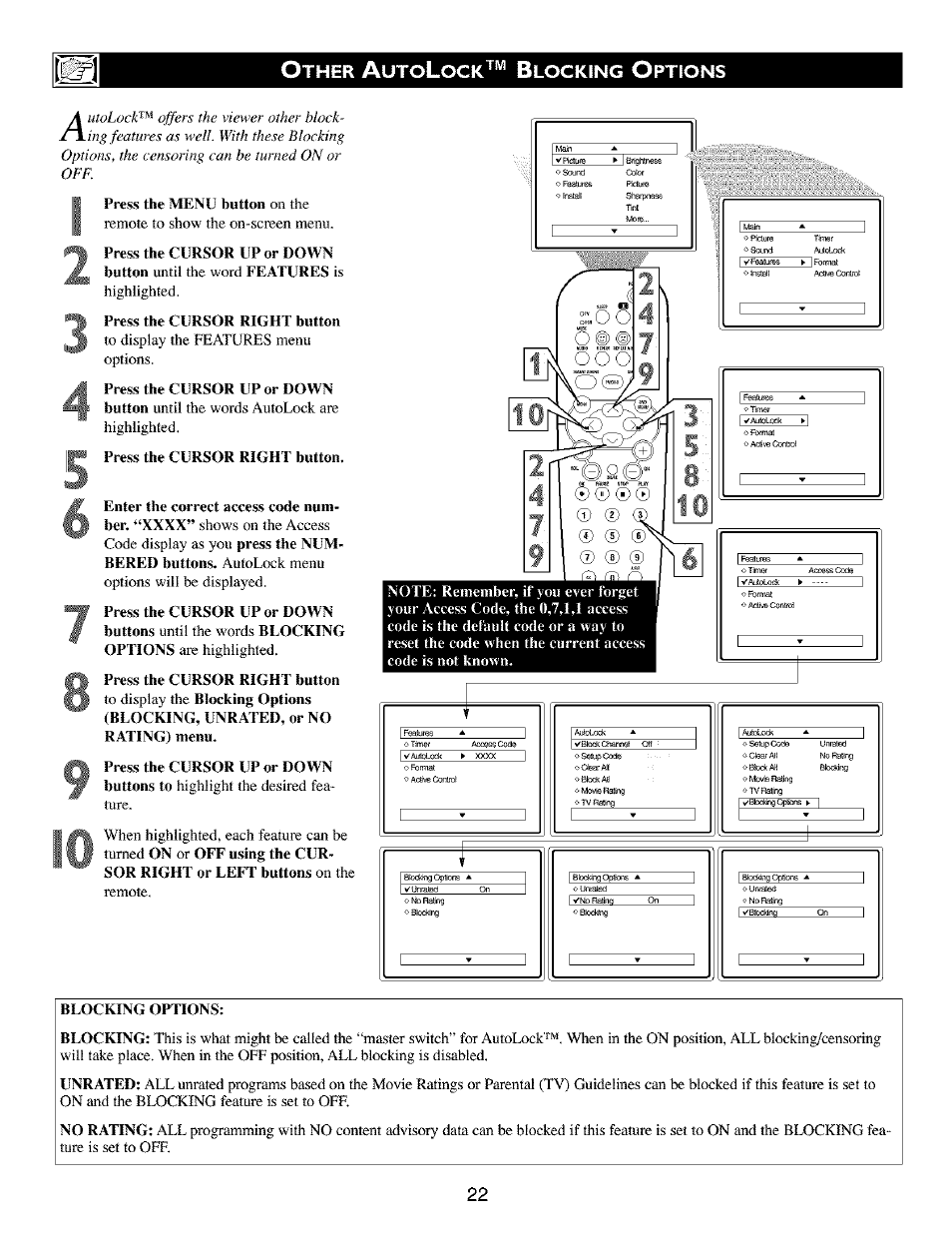 Press the cursor right button, Blocking options, Ther | Locking, Ptions | Philips TV DVD Combo User Manual | Page 22 / 62