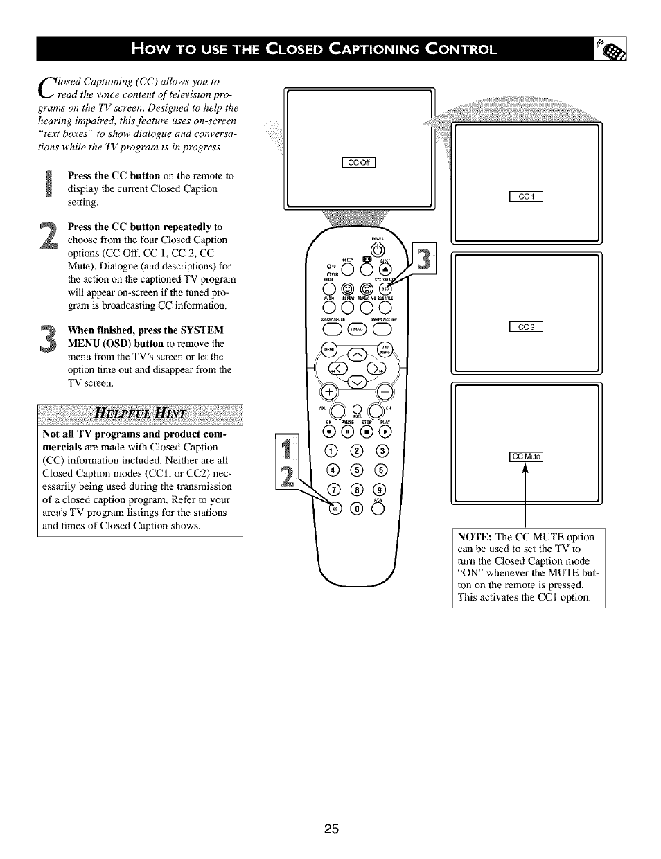 Press the cc button repeatedly to | Philips TV DVD Combo User Manual | Page 25 / 62