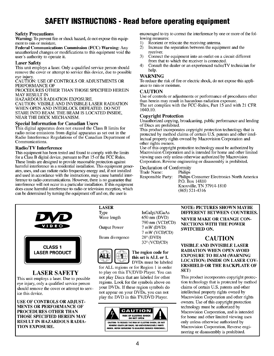Laser safety, Caution | Philips TV DVD Combo User Manual | Page 4 / 62