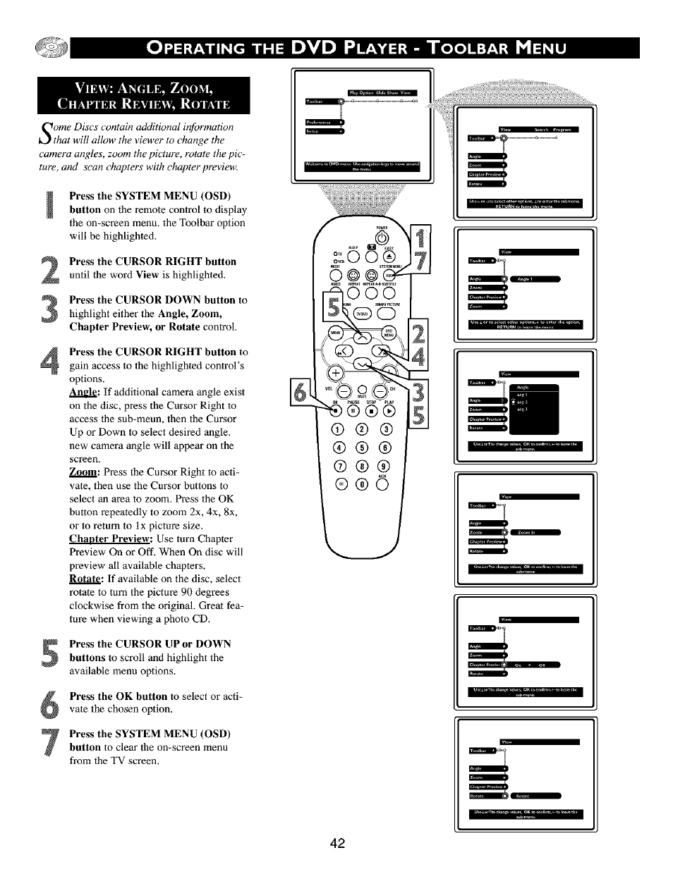 Press the cursor right button, Press the cursor down button to, Press the cursor right button to | Press the system menu (osd), Dvd p, Perating, Layer, Oolbar | Philips TV DVD Combo User Manual | Page 42 / 62