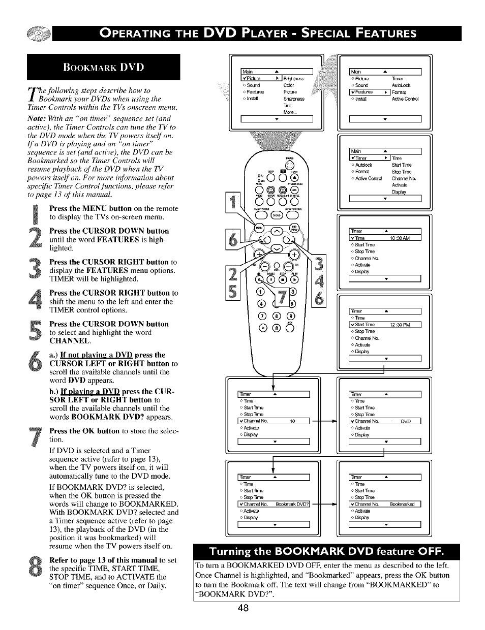 Press the cursor down button, Press the cursor right button to, A. ) if not nlaving a dvd press the | I cursor left or right button to, Dvd p, Perating, Layer, Pecial, Eatures, Turning the bookmark dvd feature off | Philips TV DVD Combo User Manual | Page 48 / 62