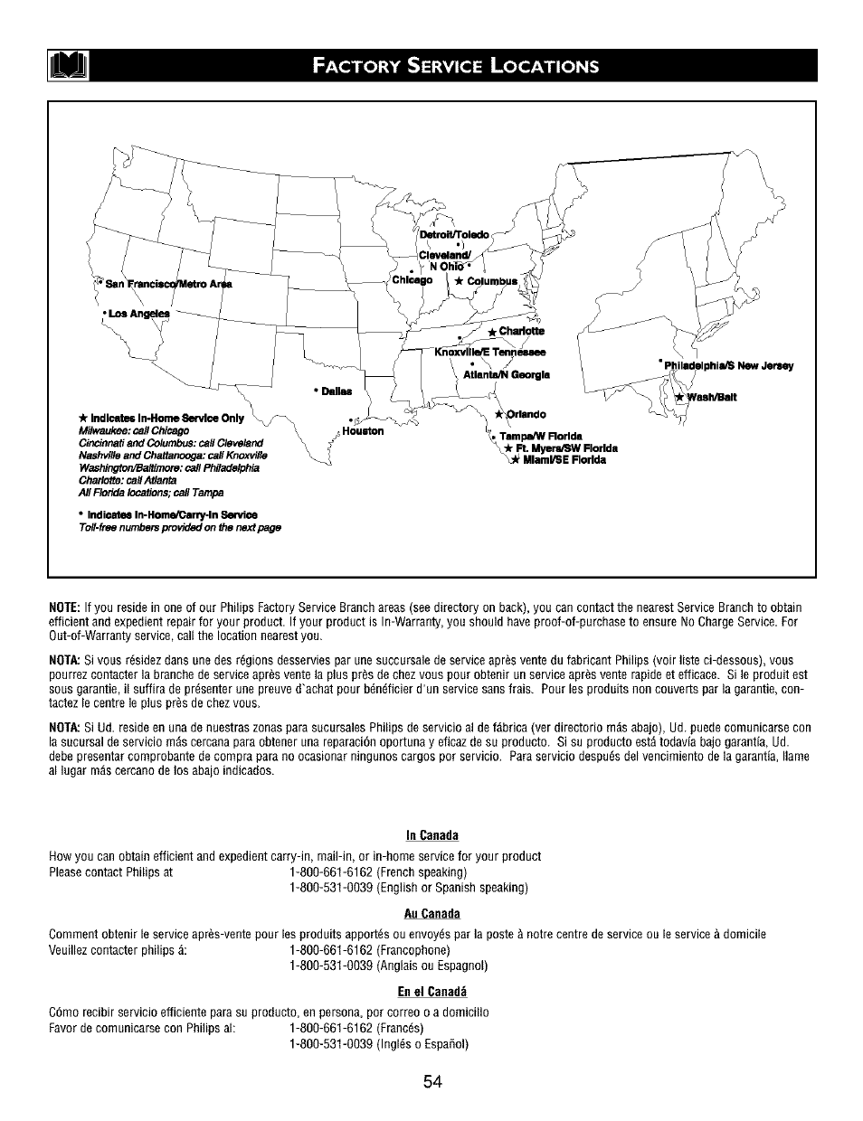 Actory, Ervíce, Ocations | Philips TV DVD Combo User Manual | Page 54 / 62