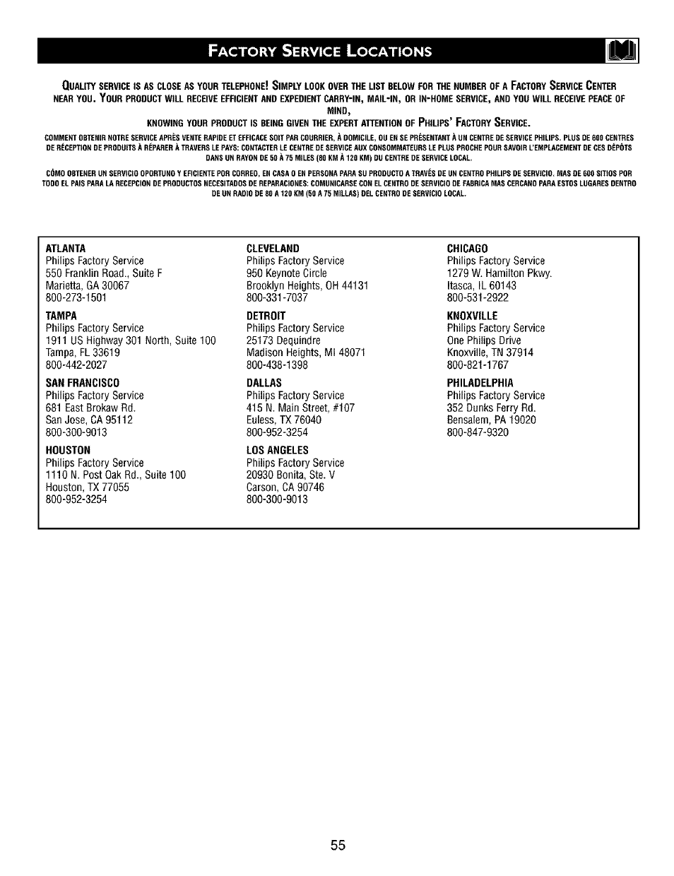 Actory, Ieryice, Ocations | Philips TV DVD Combo User Manual | Page 55 / 62