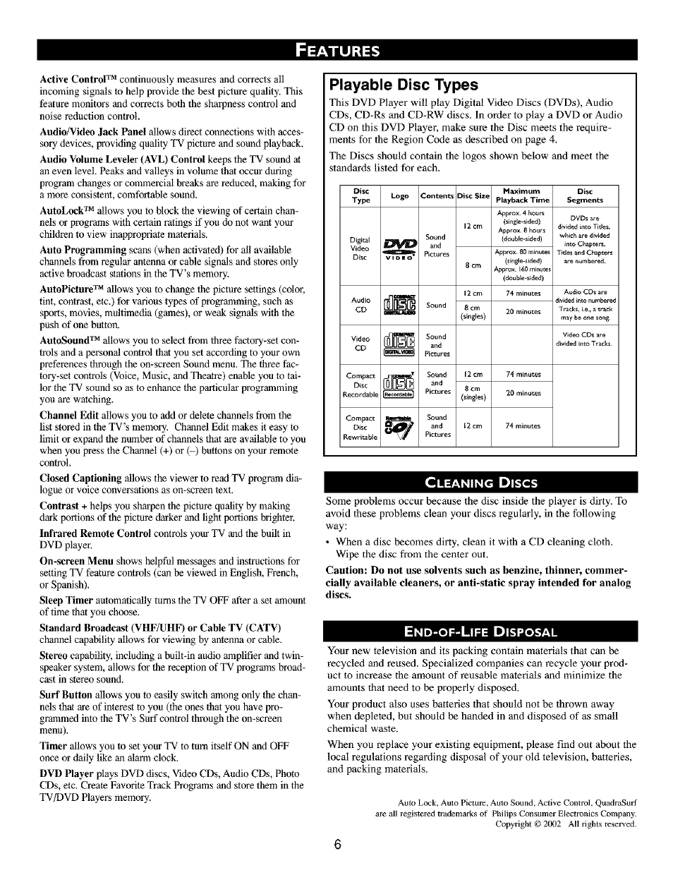 Playable disc types, Eatures | Philips TV DVD Combo User Manual | Page 6 / 62