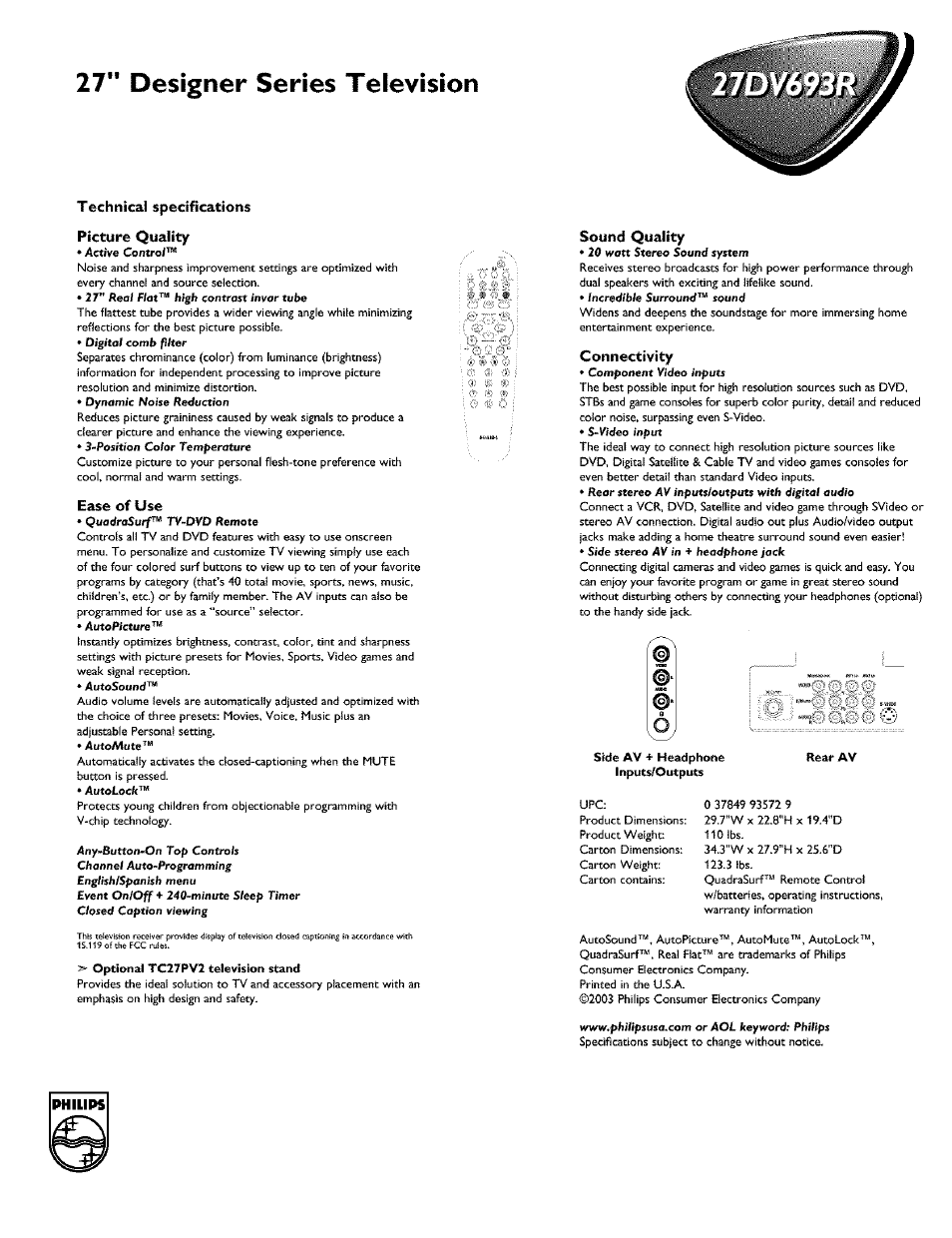 27" designer series television | Philips TV DVD Combo User Manual | Page 62 / 62