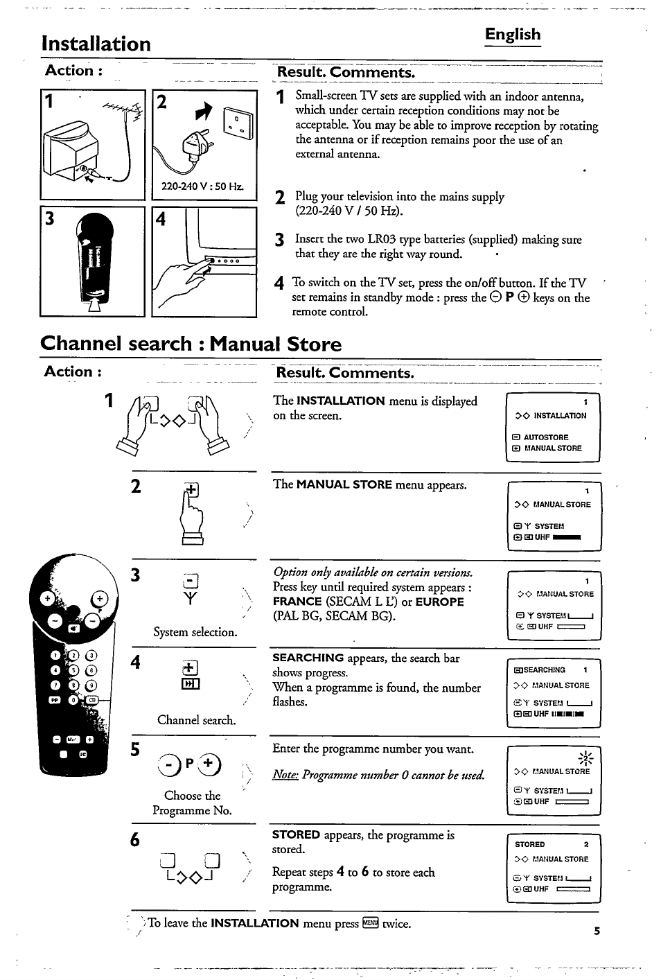 Installation, Channel search : manual store, O - a | Action : result. comments, Action, Result. comments | Philips 14PT1553 User Manual | Page 2 / 5