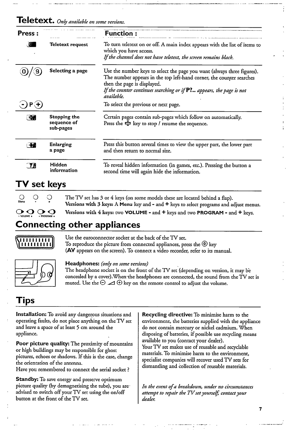 Teletext, Tv set keys, Connecting other appliances | Philips 14PT1553 User Manual | Page 4 / 5