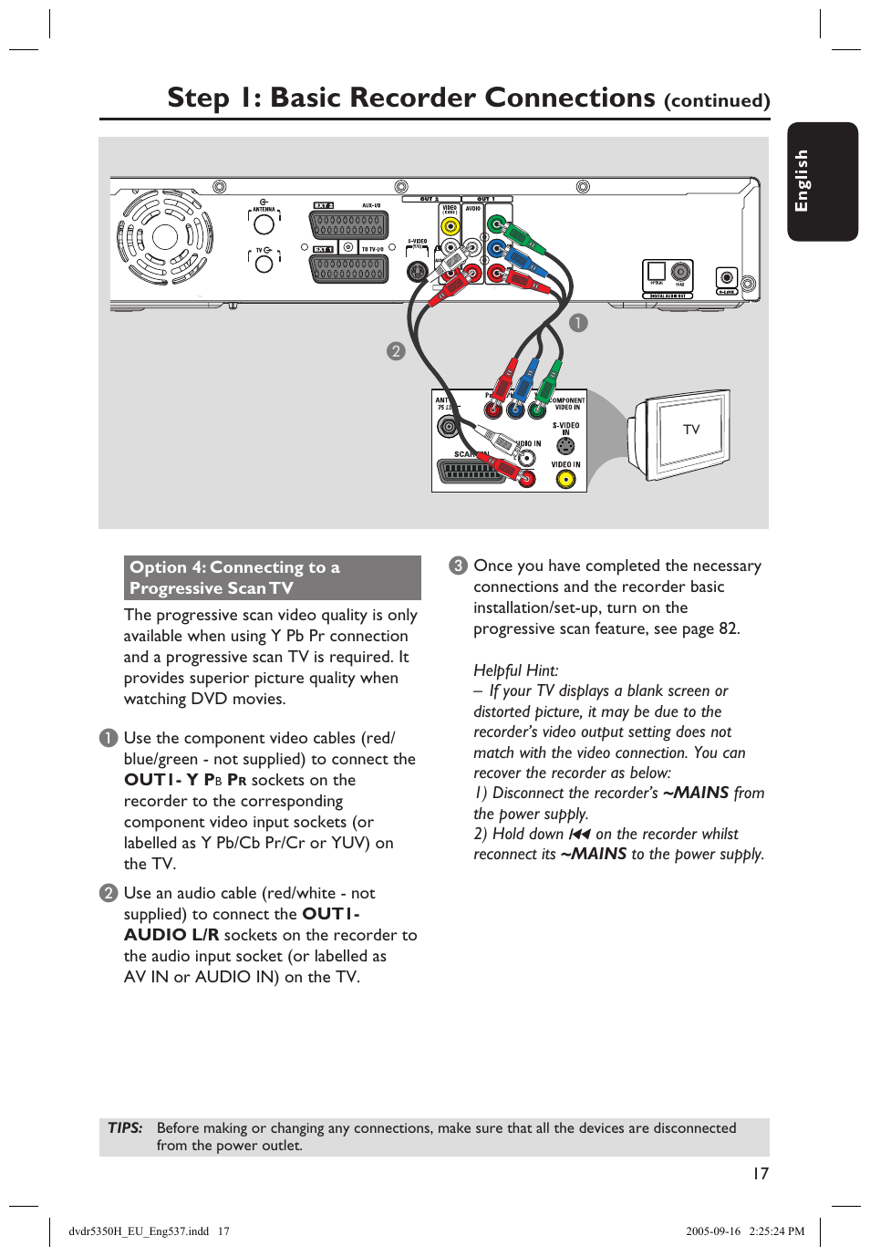 Step 1: basic recorder connections | Philips DVDR5350H User Manual | Page 17 / 91