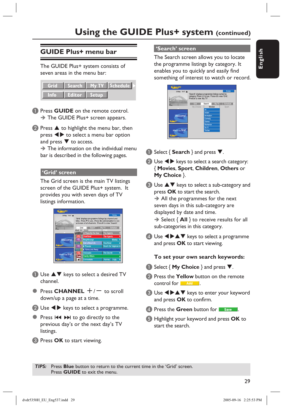 Guide plus+® menu bar, Guide plus+ menu bar ~3, Using the guide plus+ system | Guide plus+ menu bar | Philips DVDR5350H User Manual | Page 29 / 91