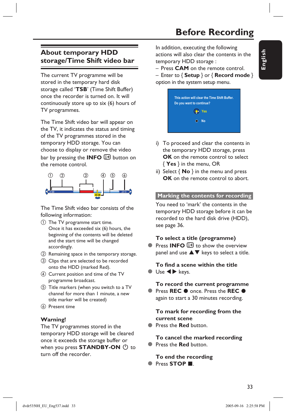 Before recording, About temporary hdd storage/time shift video bar | Philips DVDR5350H User Manual | Page 33 / 91