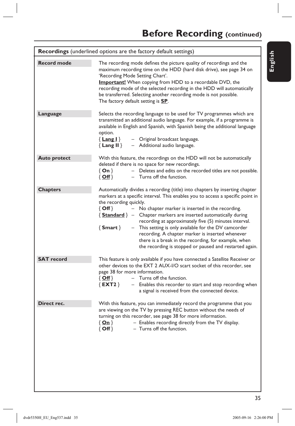 Before recording, Continued) d | Philips DVDR5350H User Manual | Page 35 / 91