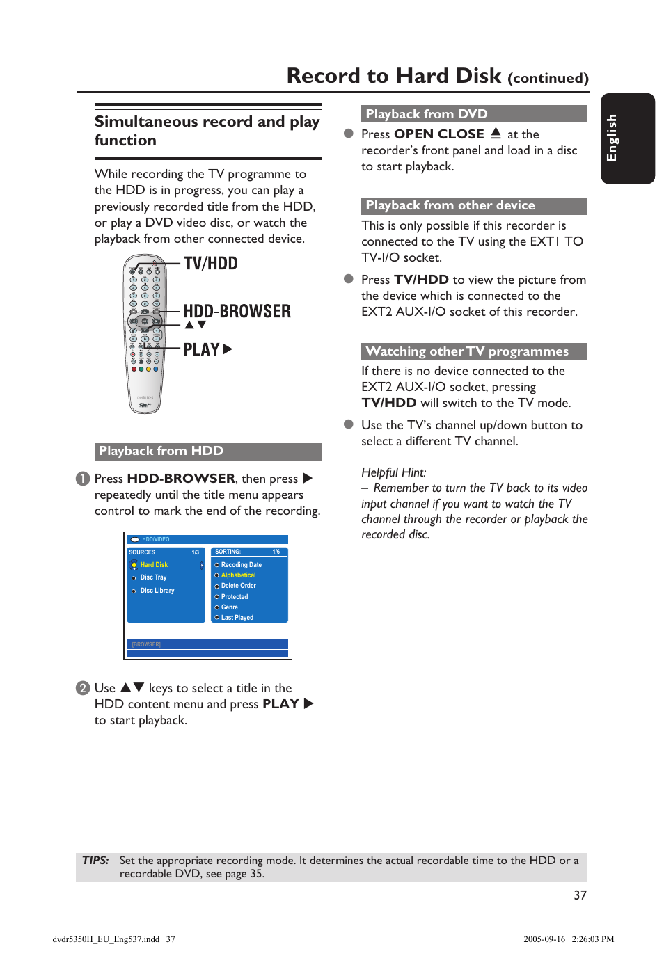 Simultaneous record and play function, Record to hard disk, Continued) | Philips DVDR5350H User Manual | Page 37 / 91