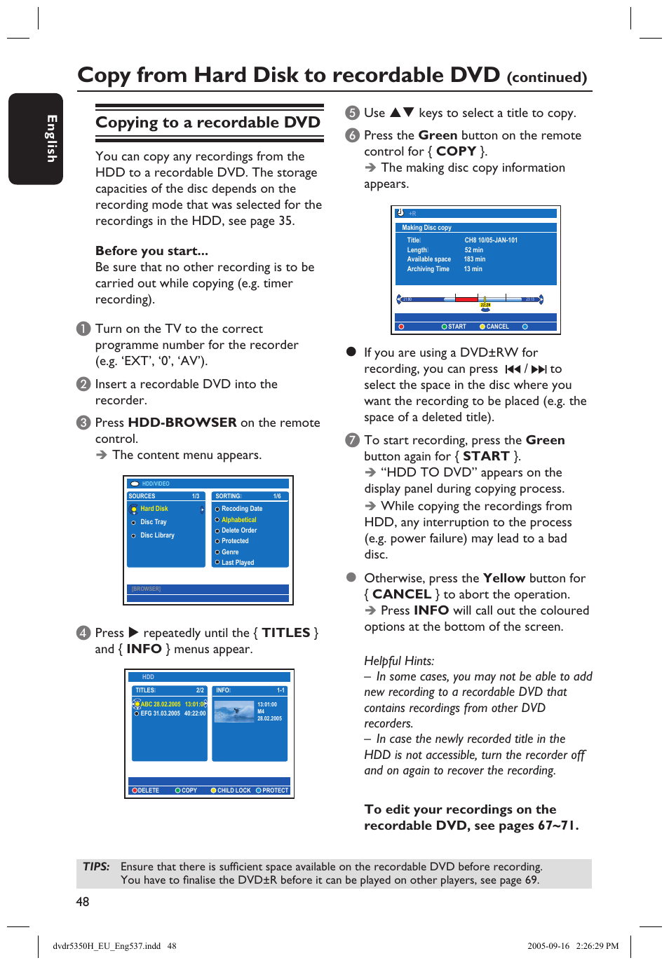 Recording to a recordable dvd, G to a recordable dvd, Copy from hard disk to recordable dvd | Copying to a recordable dvd, Continued), En g lis h 48 49, Insert a recordable dvd into the recorder, Press hdd-browser on the remote control, The content menu appears, Use  keys to select a title to copy | Philips DVDR5350H User Manual | Page 48 / 91