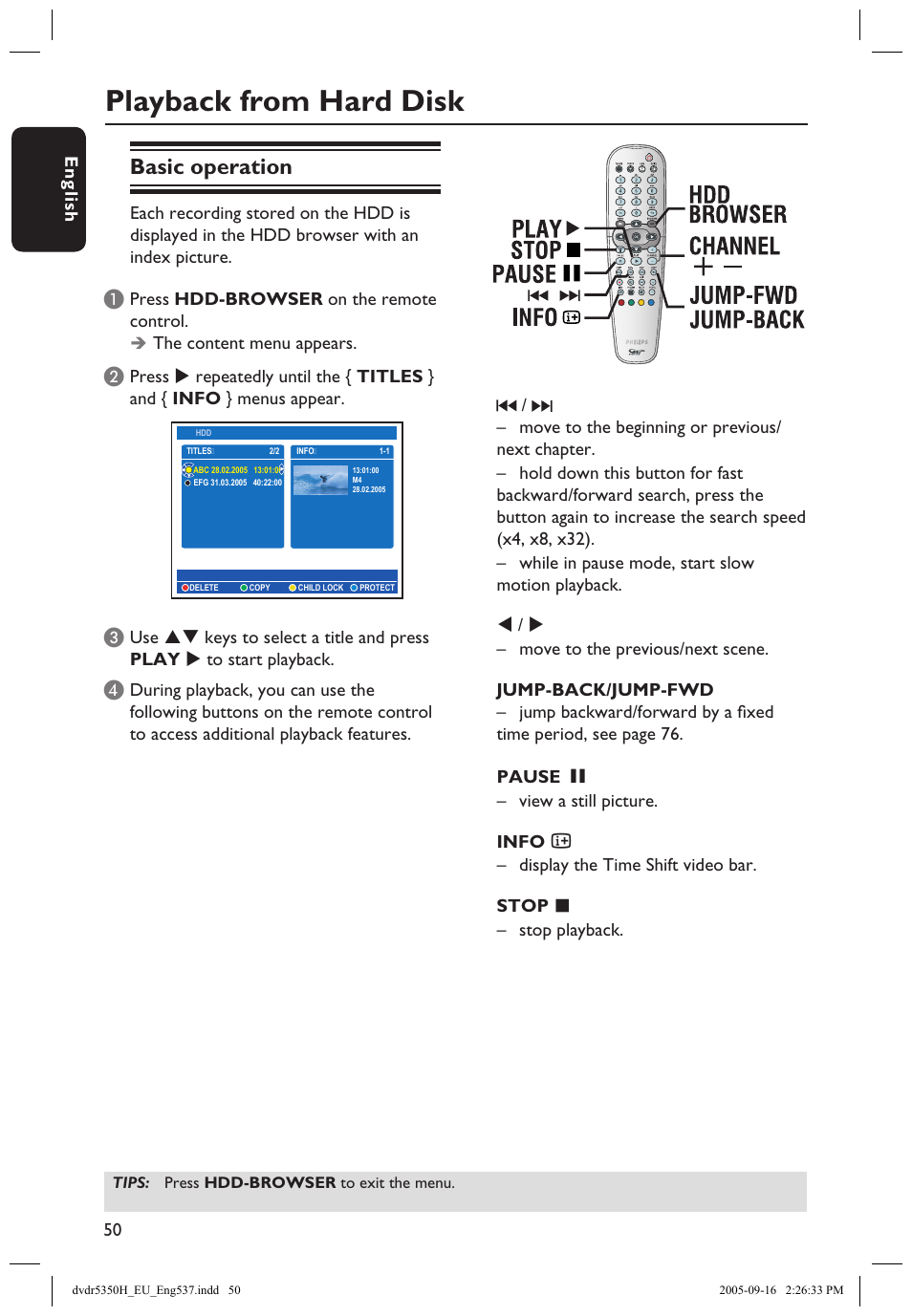 Playback from hard disk, Basic operation | Philips DVDR5350H User Manual | Page 50 / 91