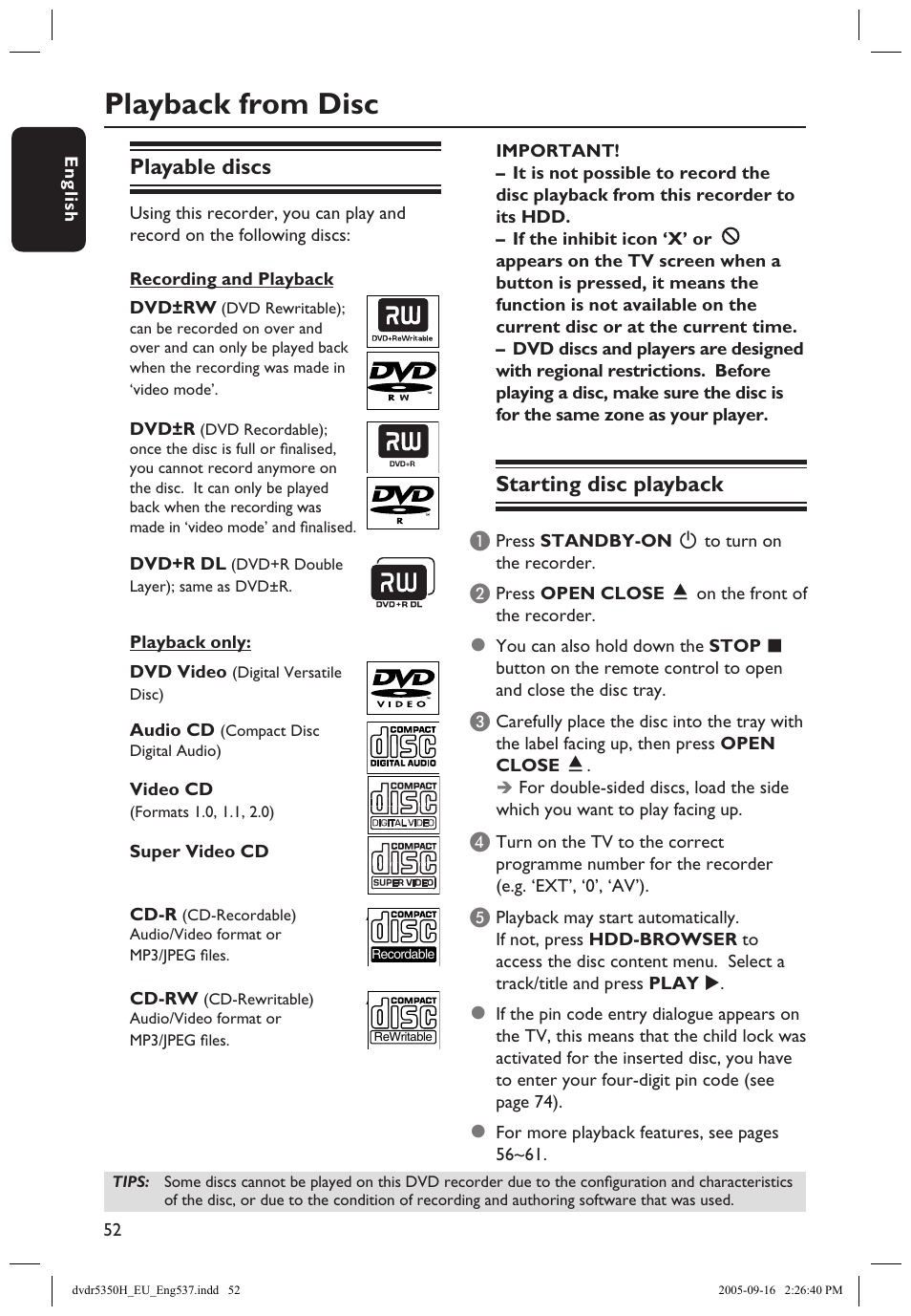 Playback from disc, Playable discs, Starting disc playback | Philips DVDR5350H User Manual | Page 52 / 91