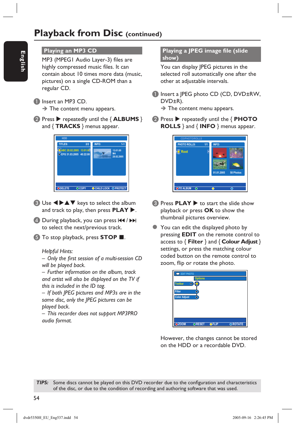 Playback from disc, Continued) | Philips DVDR5350H User Manual | Page 54 / 91