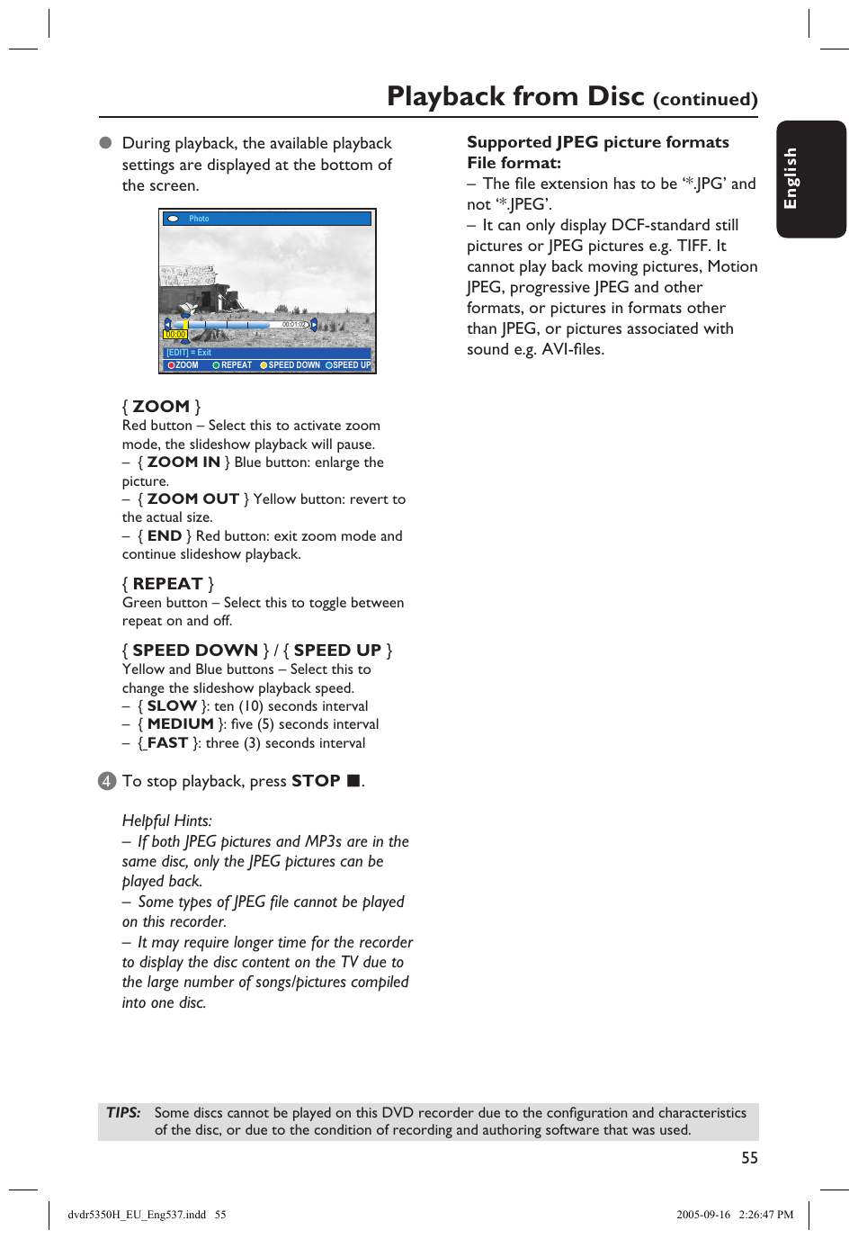 Playback from disc, Continued) | Philips DVDR5350H User Manual | Page 55 / 91