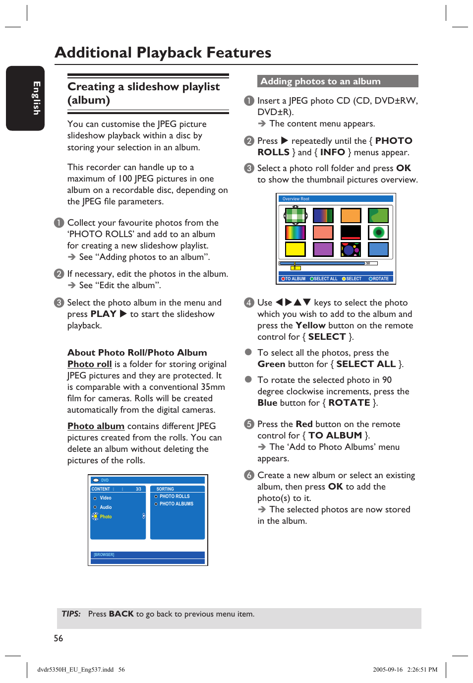 Additional playback features, Creating a slideshow playlist (album) | Philips DVDR5350H User Manual | Page 56 / 91