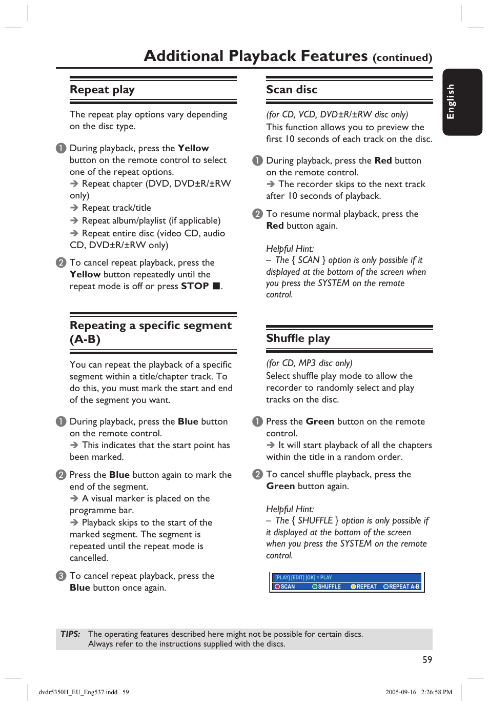 Repeat play, Repeat / scan / shufﬂe, Additional playback features | Repeating a speciﬁc segment (a-b), Scan disc, Shufﬂe play | Philips DVDR5350H User Manual | Page 59 / 91