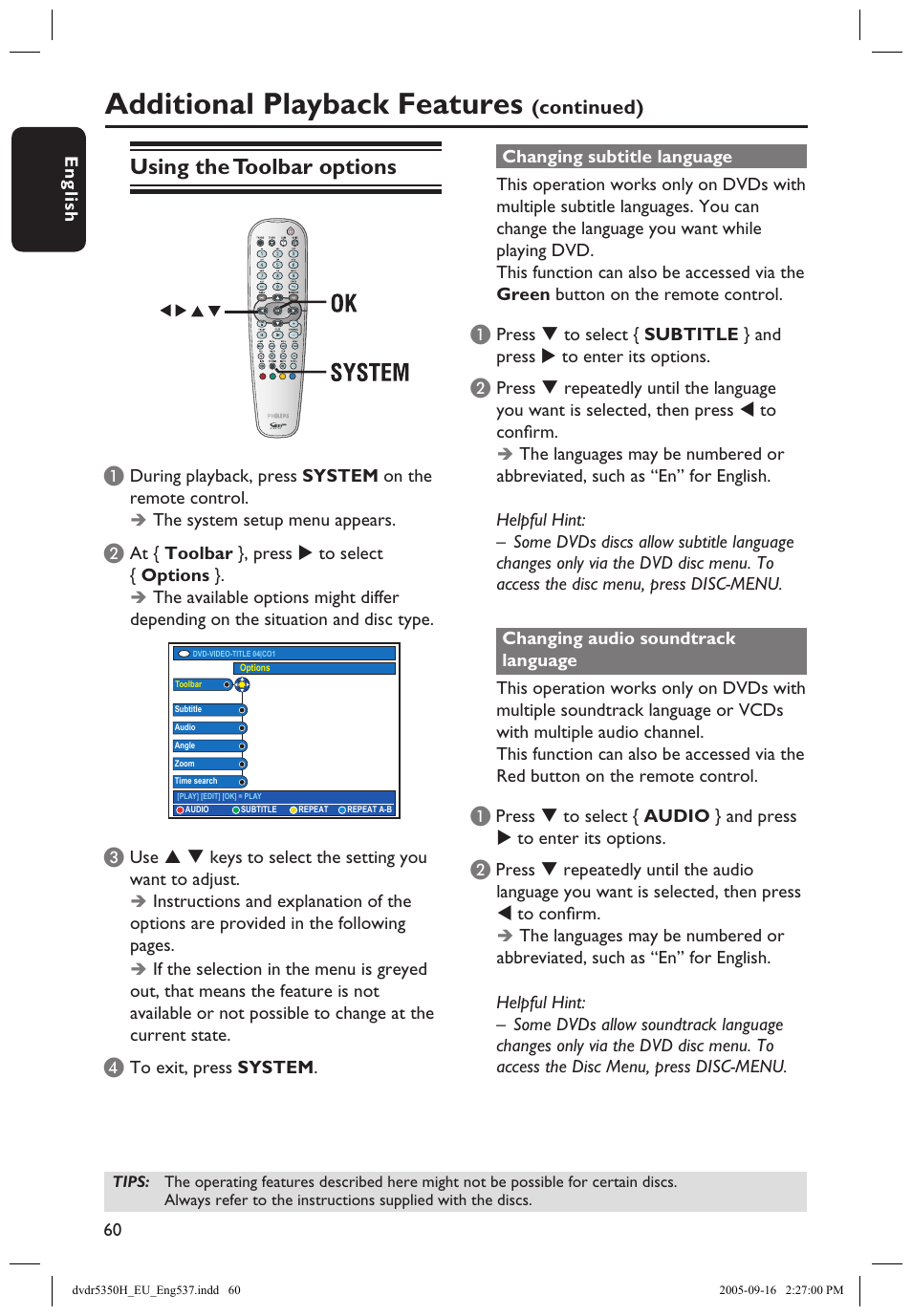 Using the toolbar options, Additional playback features | Philips DVDR5350H User Manual | Page 60 / 91