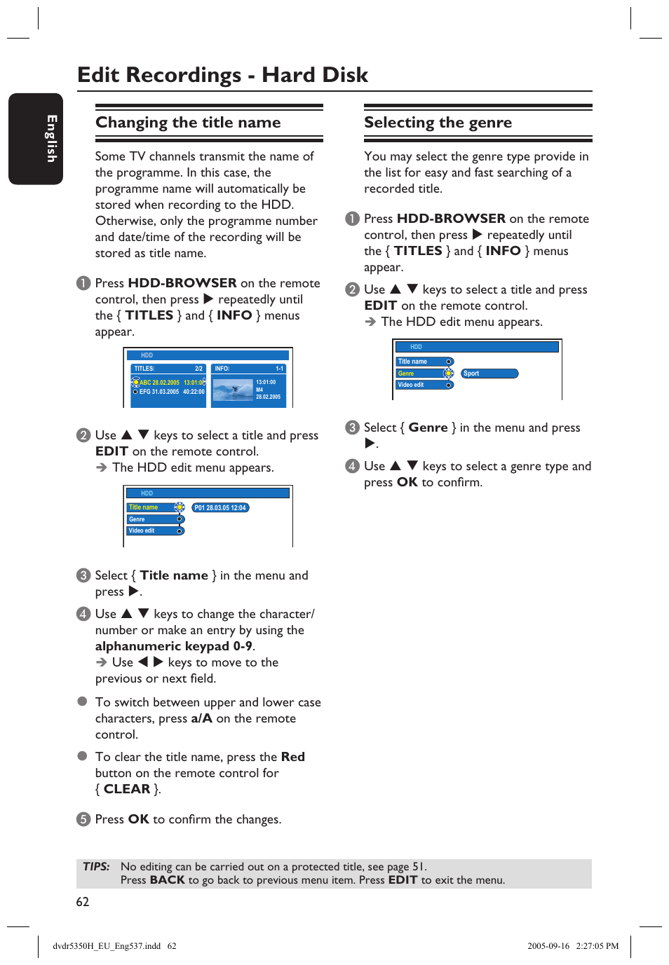 Edit recordings - hard disk, Changing the title name, Selecting the genre | Philips DVDR5350H User Manual | Page 62 / 91