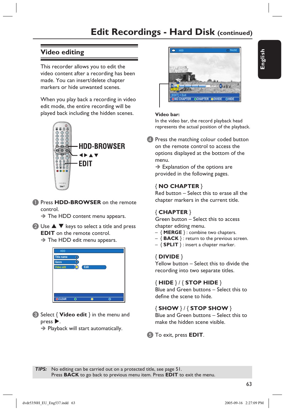 Video editing, Edit recordings - hard disk, Continued) | Philips DVDR5350H User Manual | Page 63 / 91