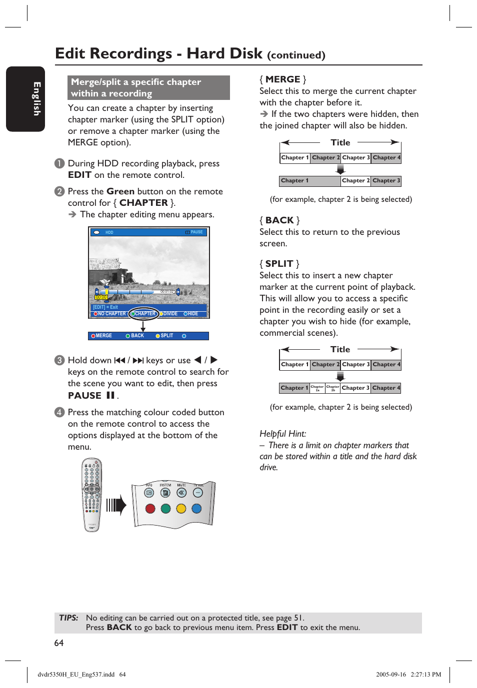 Edit recordings - hard disk, Continued), En g lis h 64 65 | The chapter editing menu appears | Philips DVDR5350H User Manual | Page 64 / 91