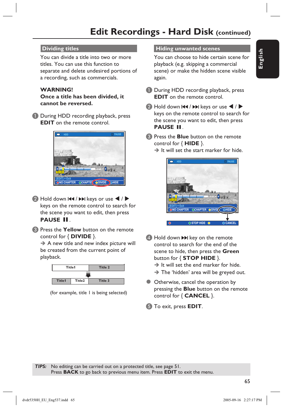 Edit recordings - hard disk, Continued) | Philips DVDR5350H User Manual | Page 65 / 91