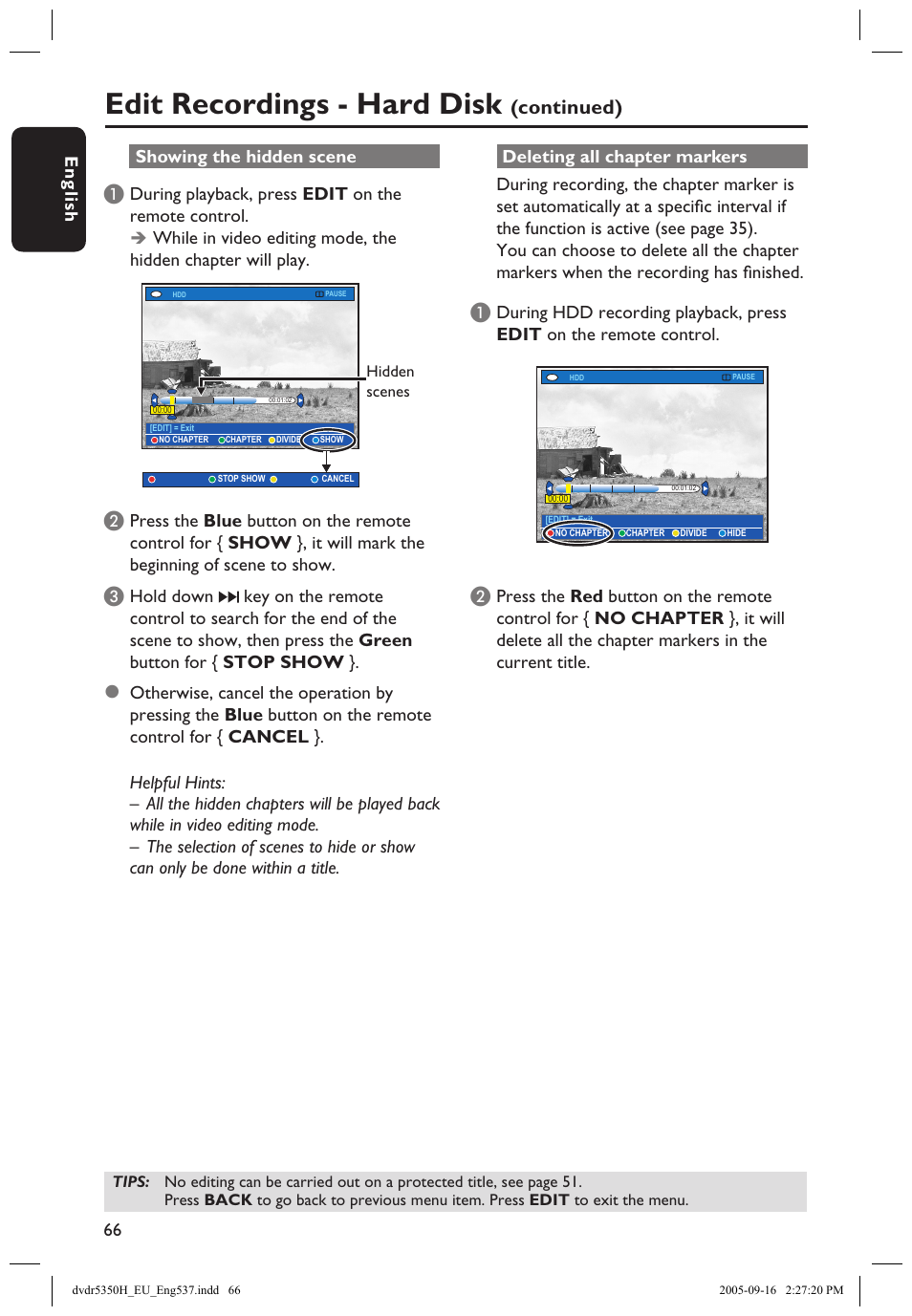 Edit recordings - hard disk, Continued) | Philips DVDR5350H User Manual | Page 66 / 91