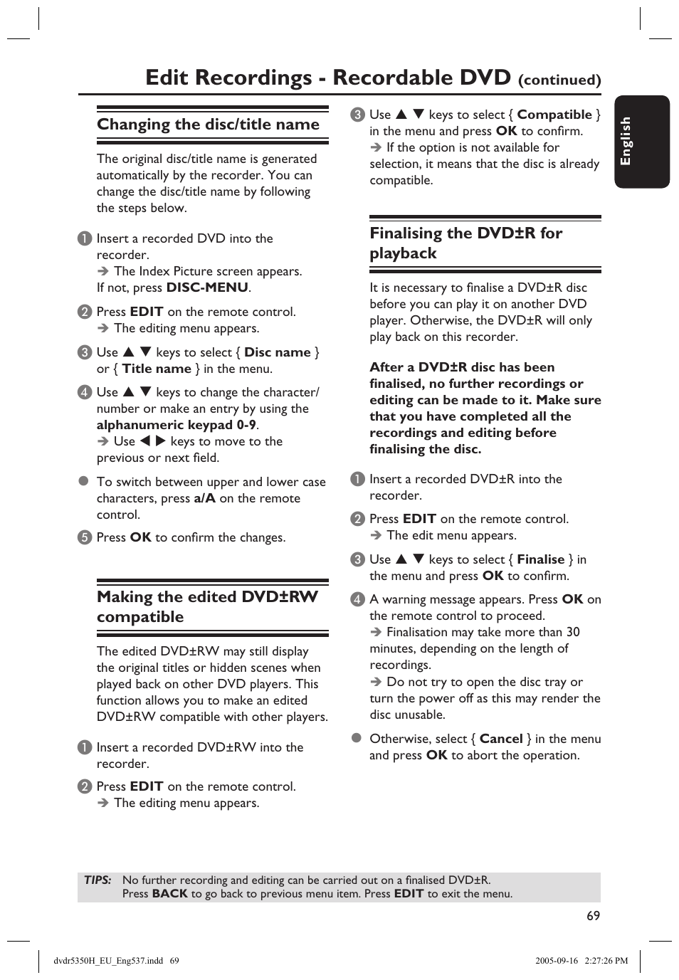 Finalising the dvd±r for playback, Making the edited dvd±rw compatible, Changing the disc/title name | Edit recordings - recordable dvd | Philips DVDR5350H User Manual | Page 69 / 91