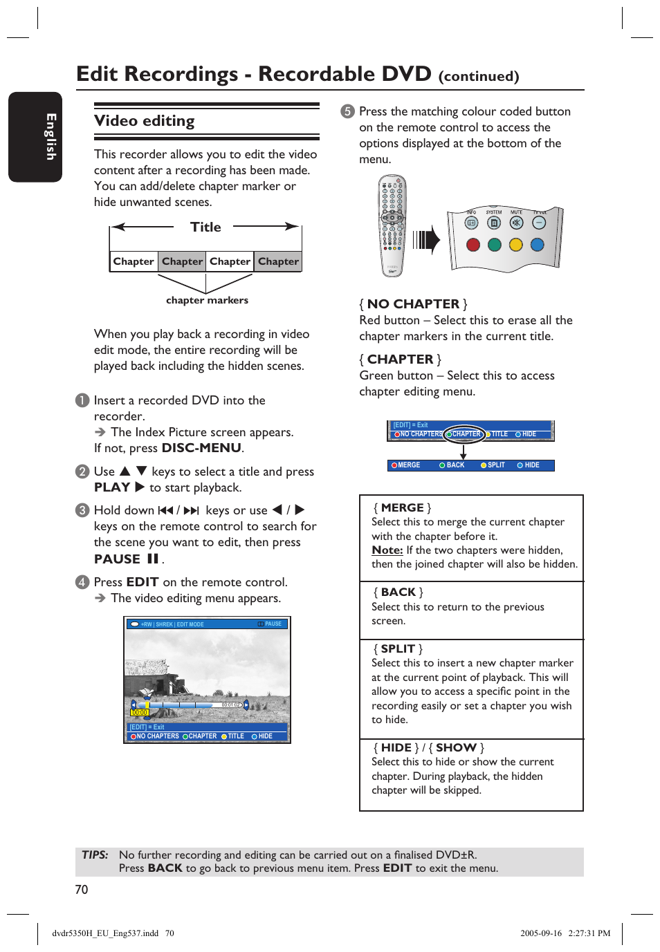 Video editing, Edit recordings - recordable dvd, Continued) | Philips DVDR5350H User Manual | Page 70 / 91