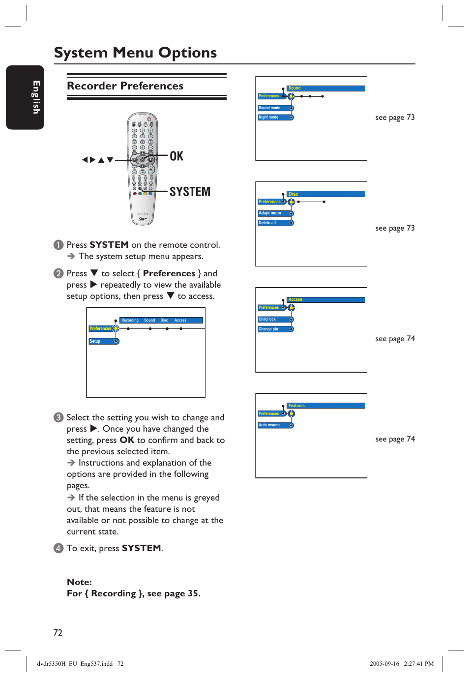 System menu options, Recorder preferences | Philips DVDR5350H User Manual | Page 72 / 91