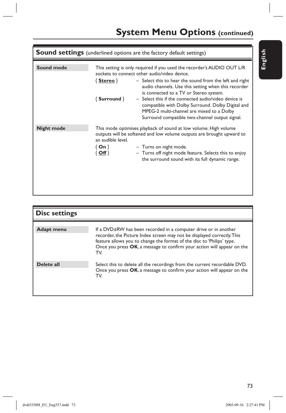 System menu options, Sound settings, Disc settings | Philips DVDR5350H User Manual | Page 73 / 91