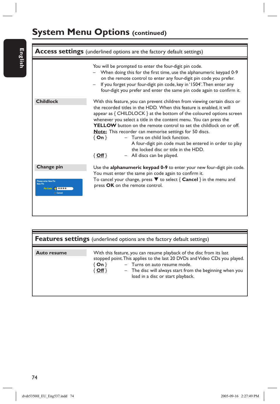 System menu options, Access settings, Features settings | Continued) | Philips DVDR5350H User Manual | Page 74 / 91