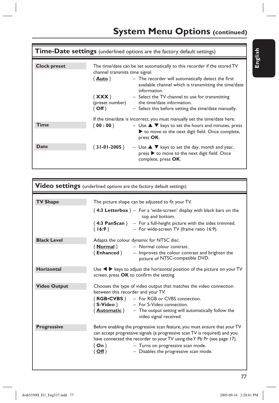 System menu options, Time-date settings, Video settings | Philips DVDR5350H User Manual | Page 77 / 91