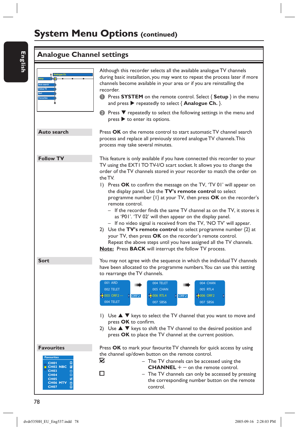 System menu options, Analogue channel settings, Continued) | Philips DVDR5350H User Manual | Page 78 / 91