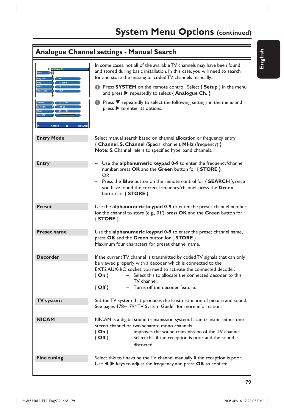 System menu options, Analogue channel settings - manual search, Continued) | En g li sh 79 | Philips DVDR5350H User Manual | Page 79 / 91