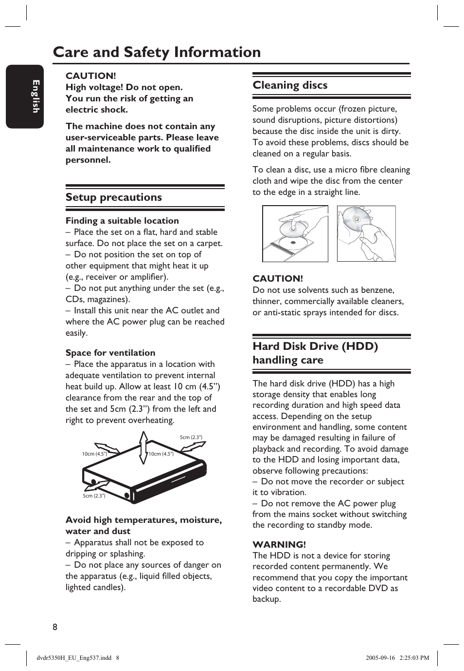 Care and safety information, Setup precautions, Cleaning discs | Hard disk drive (hdd) handling care | Philips DVDR5350H User Manual | Page 8 / 91