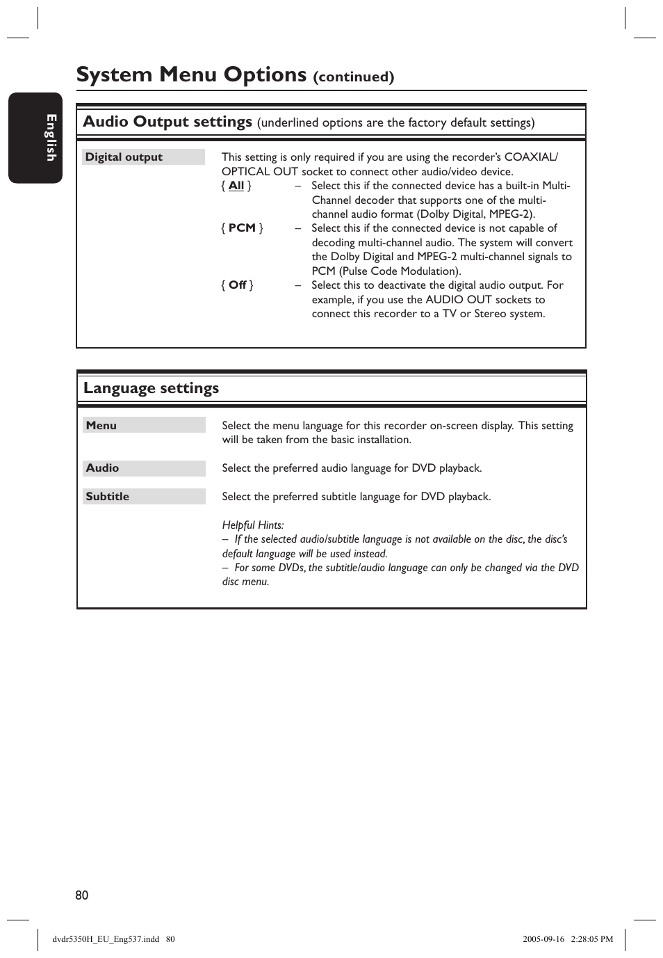 System menu options, Audio output settings, Language settings | Philips DVDR5350H User Manual | Page 80 / 91