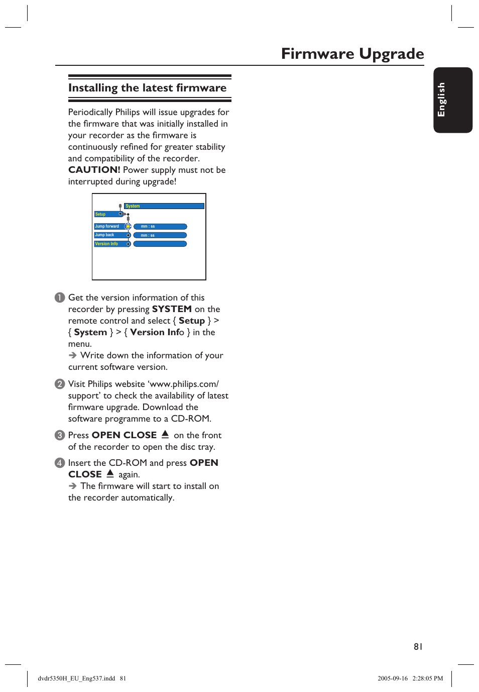 Firmware upgrade, Installing the latest firmware, Installing the latest ﬁrmware | Firmware upgrade system menu options, Continued) | Philips DVDR5350H User Manual | Page 81 / 91