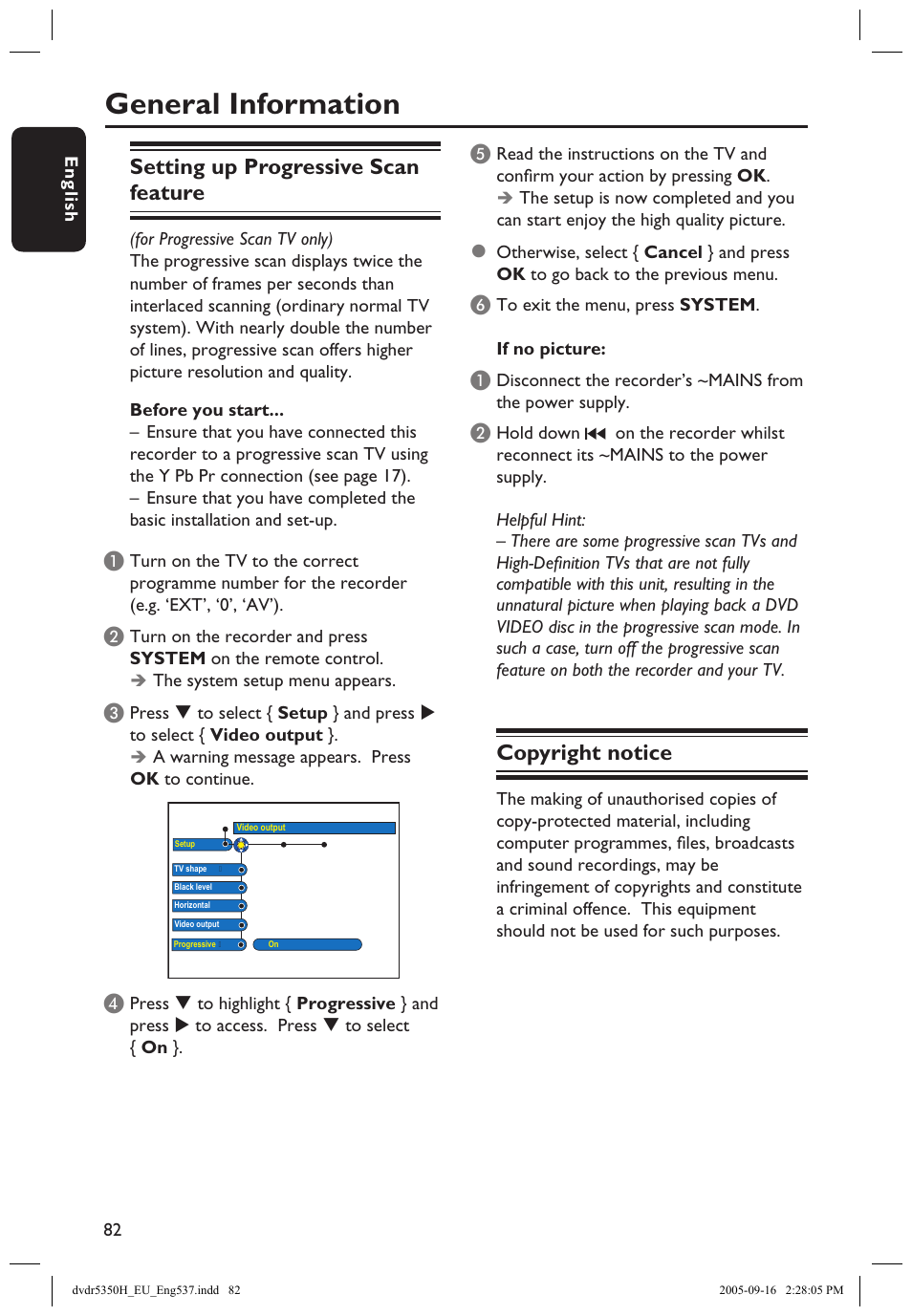 General information, Setting up progressive scan feature, Copyright notice | Philips DVDR5350H User Manual | Page 82 / 91