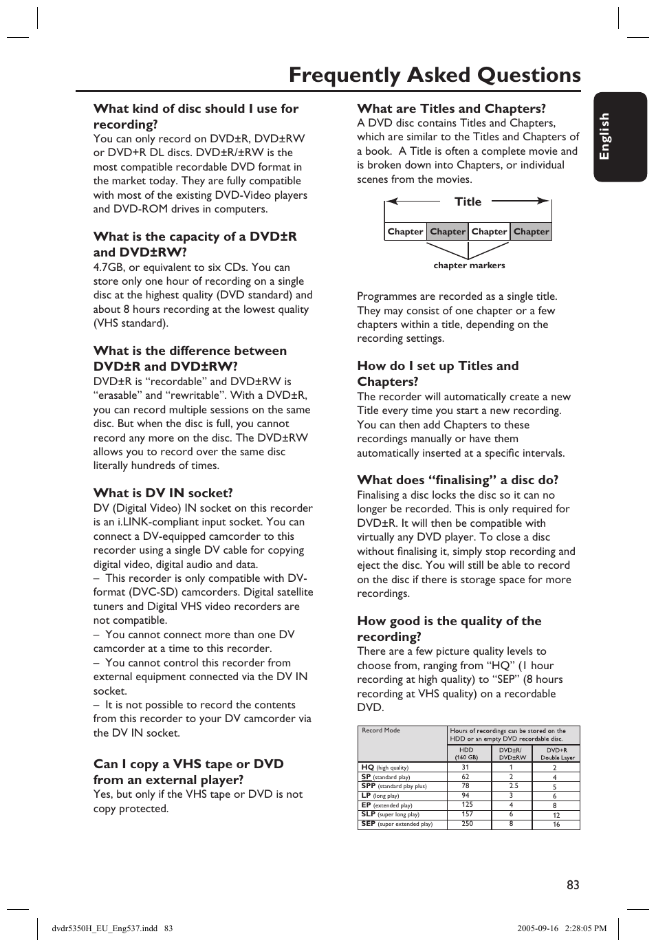 Frequently asked questions, Frequently asked questions general information, En g li sh 83 | What kind of disc should i use for recording, What is the capacity of a dvd±r and dvd±rw, What is the difference between dvd±r and dvd±rw, What is dv in socket, What are titles and chapters, How do i set up titles and chapters, What does “ﬁnalising” a disc do | Philips DVDR5350H User Manual | Page 83 / 91