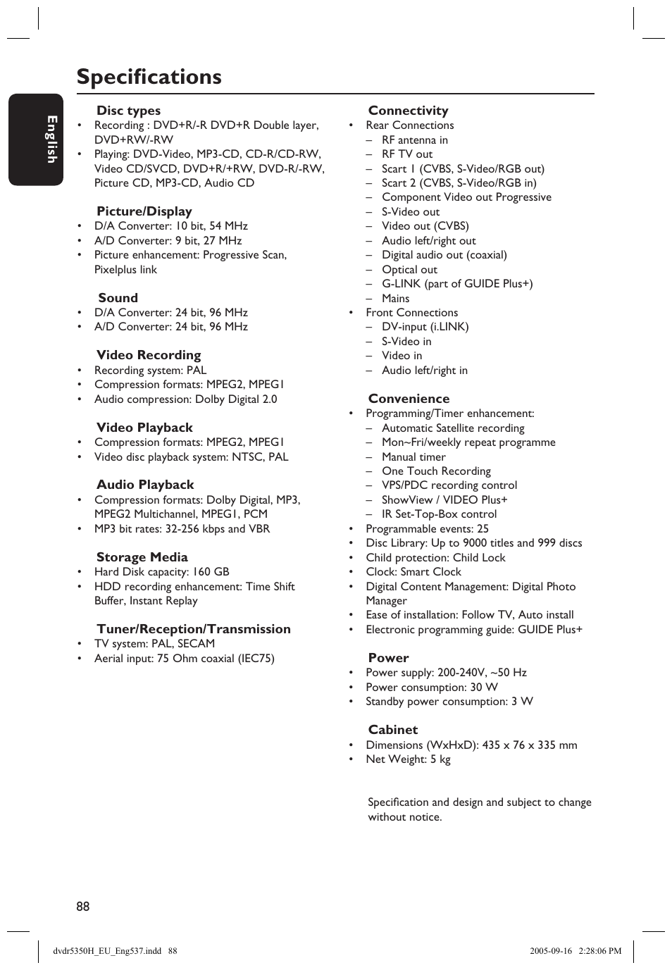 Specifications, Speciﬁcations | Philips DVDR5350H User Manual | Page 88 / 91